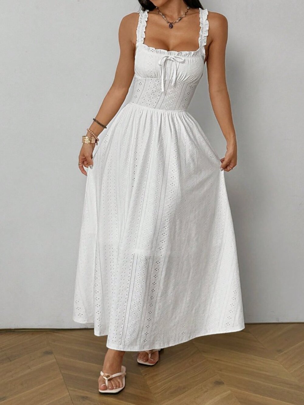 White Casual Women's Boho Style Pleated Bust Long Dress - Picture 4 of 6